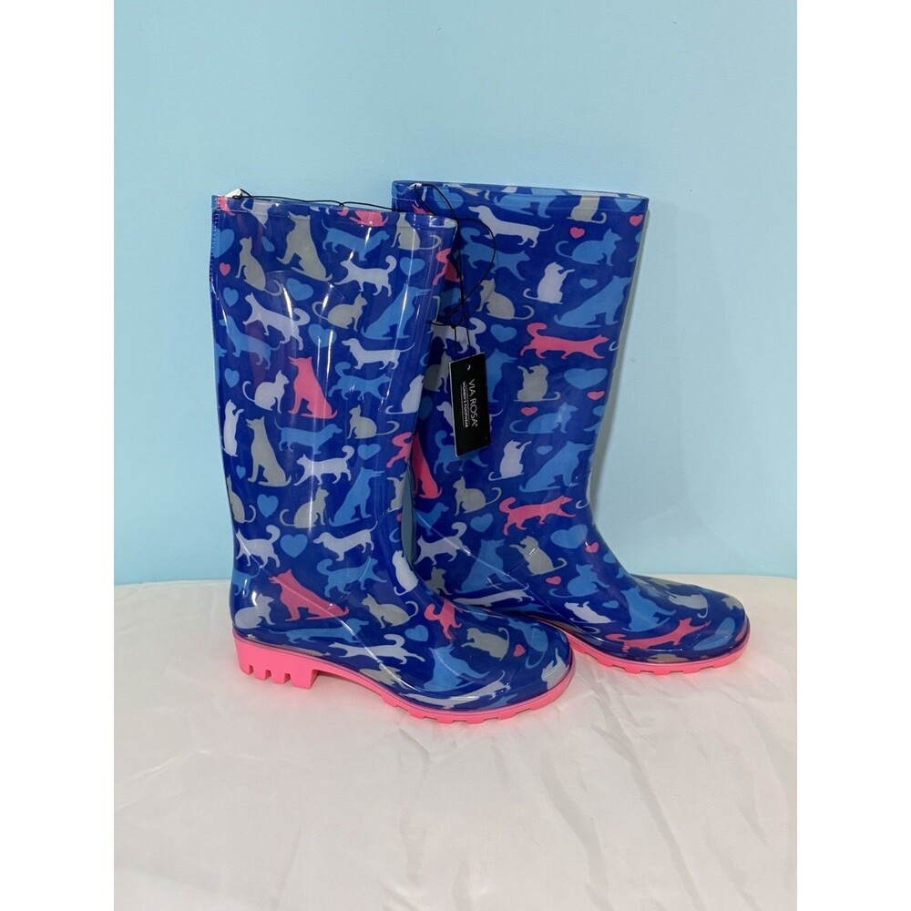 Via Rosa Pink Blue Cat Dog Tall Women's Rain Boots Style # RBL-1206 - Size 8 NEW